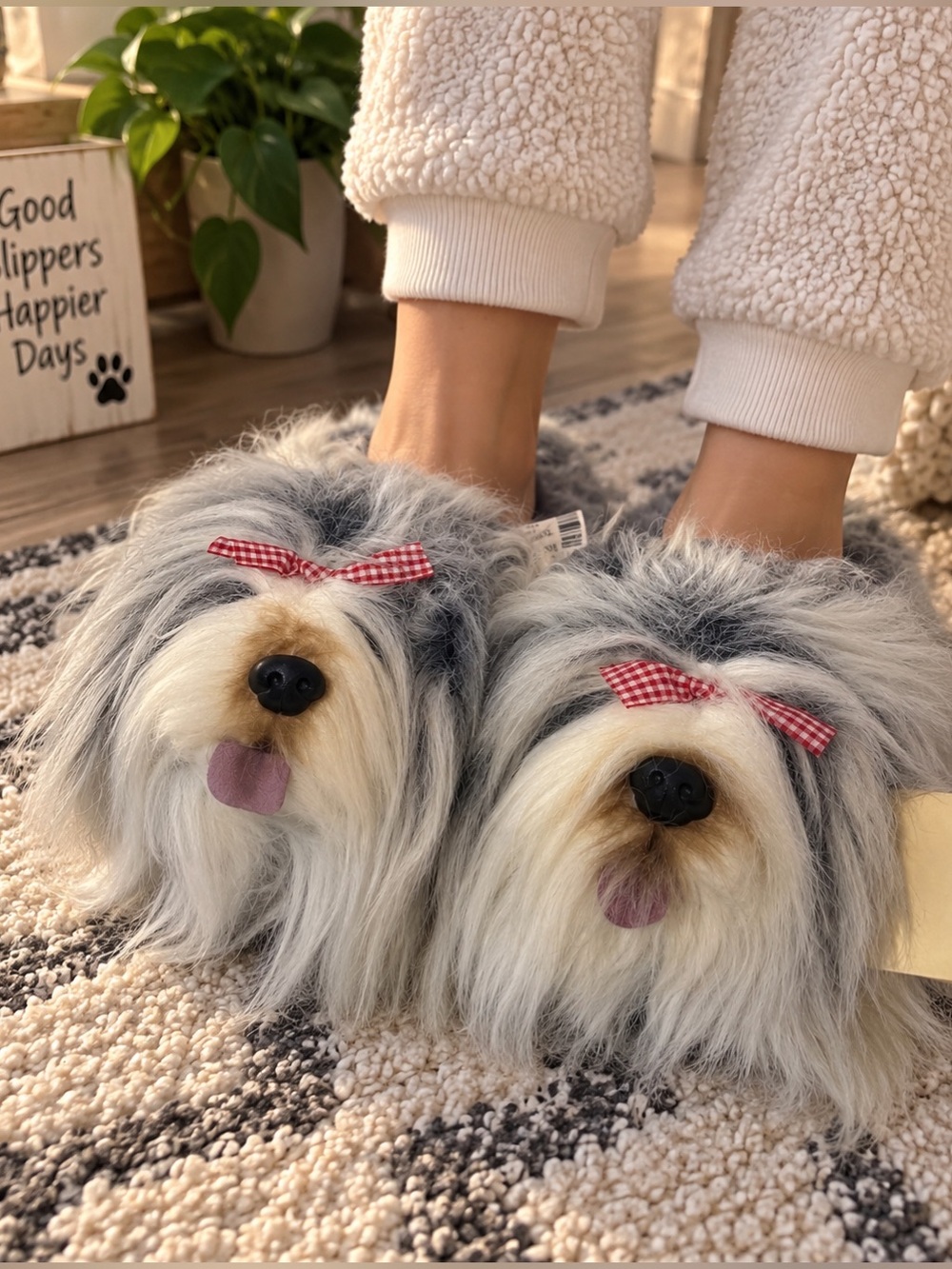Slipper King Adopt A Pedigree Women's Dog Faux Fur Slippers Non-Slip Bow